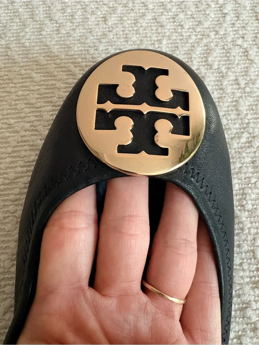 Tory Burch Black Leather Logo Round-Toe Ballet Flats